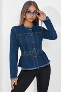 Women's Waist-Cinched Frayed Hem Denim Jacket