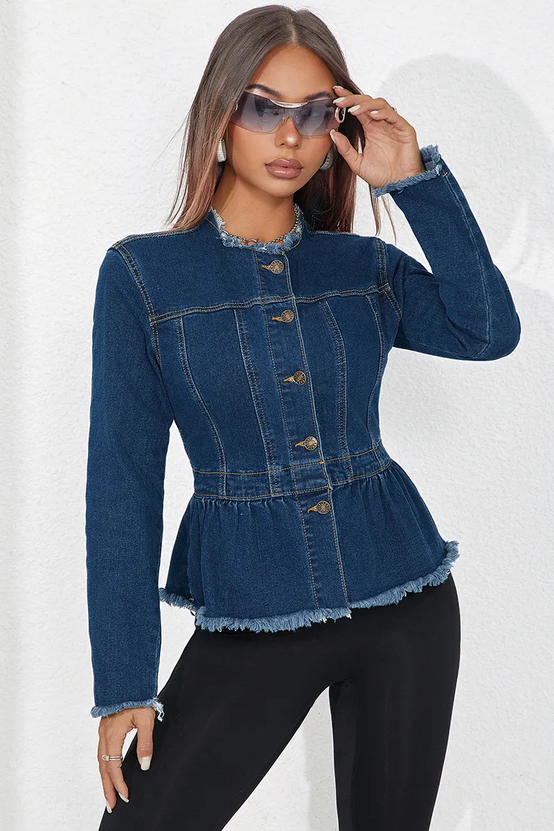 Women's Waist-Cinched Frayed Hem Denim Jacket