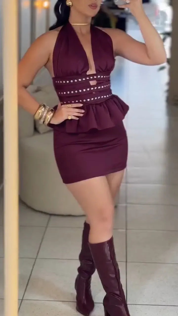 Women Neck Hanging Splicing Hot Diamond Top + Half Skirt Elegant Temperament Set