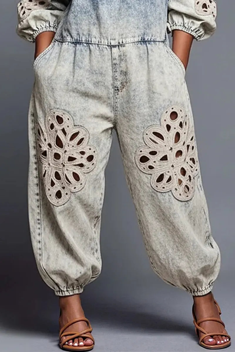 Women's Vacation White Off Shoulder Half Sleeved Hollow Pocket Denim Jumpsuit