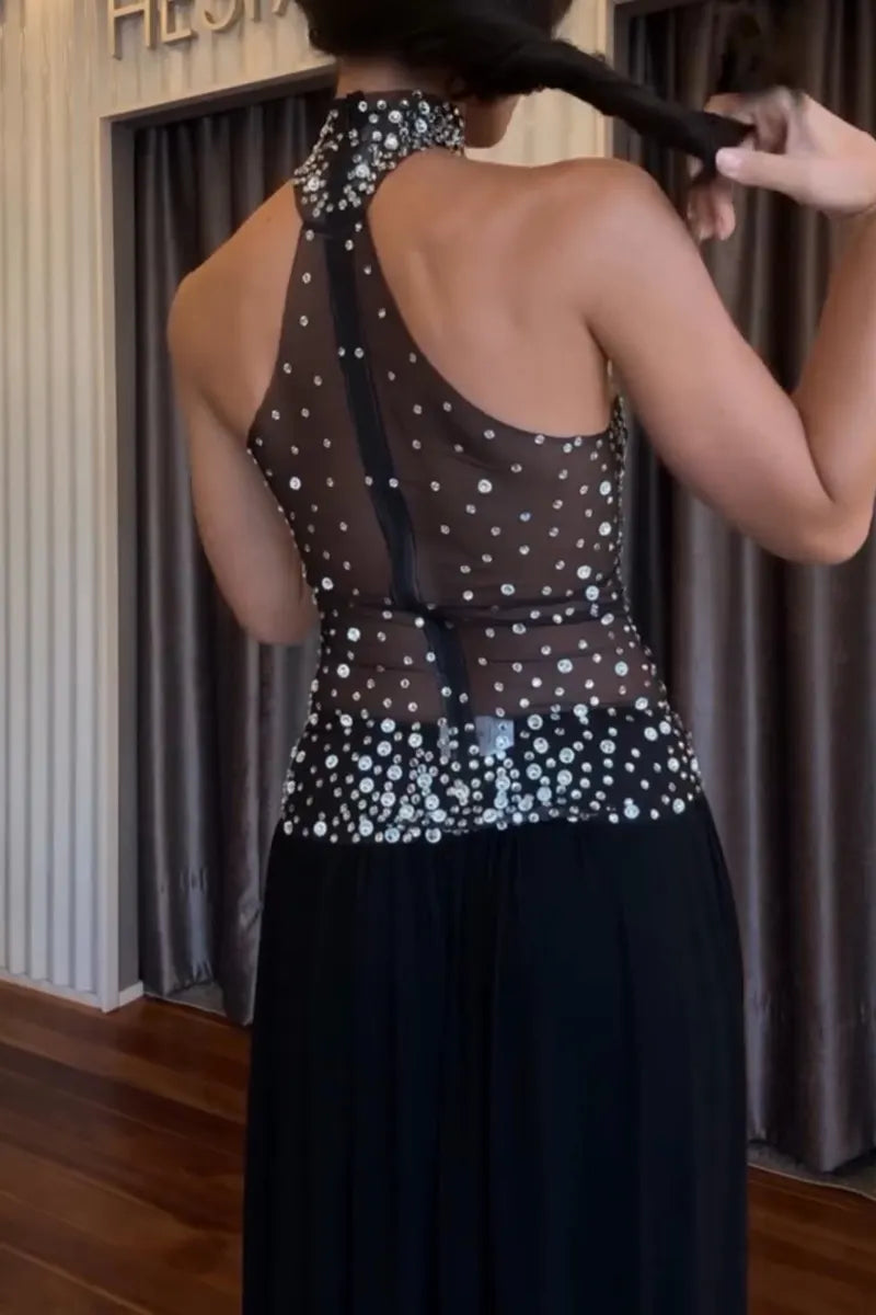 Women's Fashion Rhinestone Mesh Stretch Sheer Vest