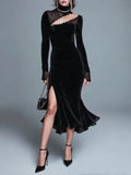 Stylish Black Velvet Lace Panel High Neck Long Sleeve Mermaid Midi Dress with Slit