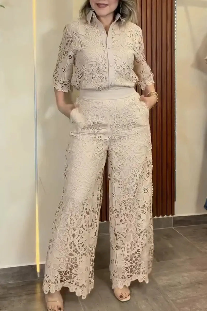 Women Lapel Patterned Hollow Top or Wide Leg Pants