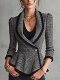 Gray Black Tweed Shawl Collar Peplum Blazer With Fringe Trim