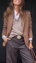 Women Temperament Commuting Collar Blazer+ Plaid Pants