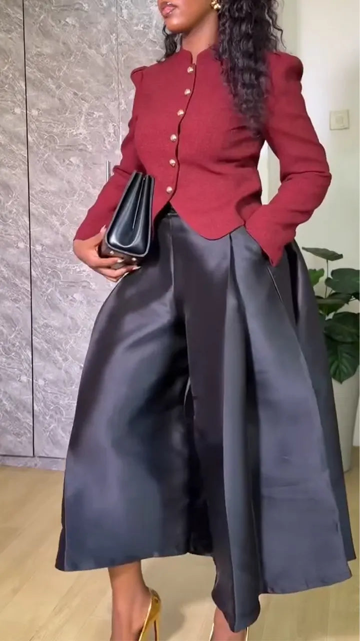 Women Round Neck Breasted Jacket + Satin Wide Leg Pants