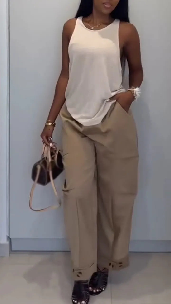 Women Round Neck Solid Color Vest + Pants Casual Suit