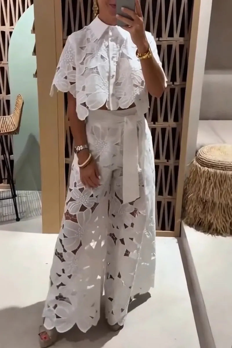 Women Casual Lapel Patterned Hollow Top or Wide Leg Pants