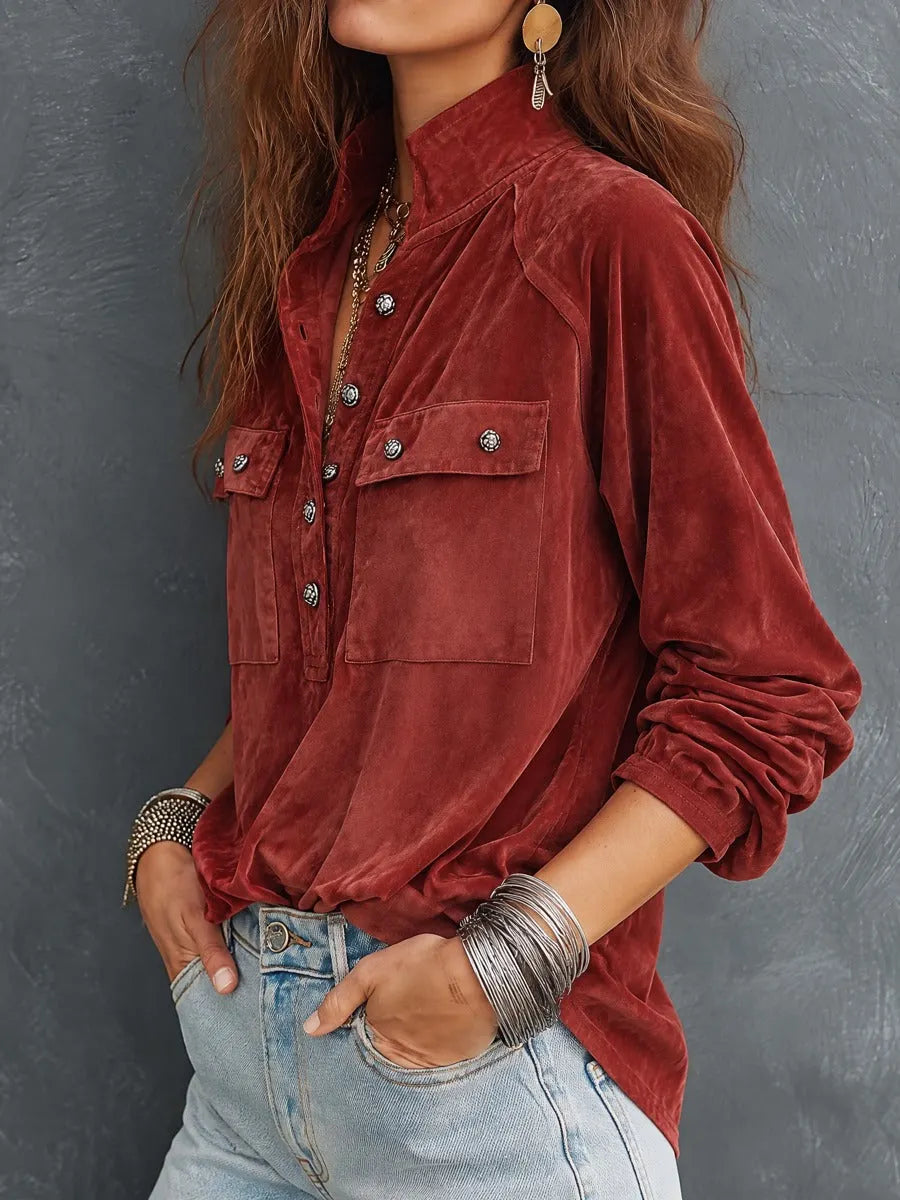 Vintage Stand Collar Half-Button Polyester Suede Pullover Shirt