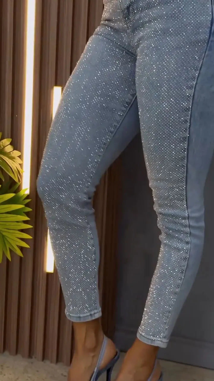 Womens High Waisted Rhinestone Casual Jeans