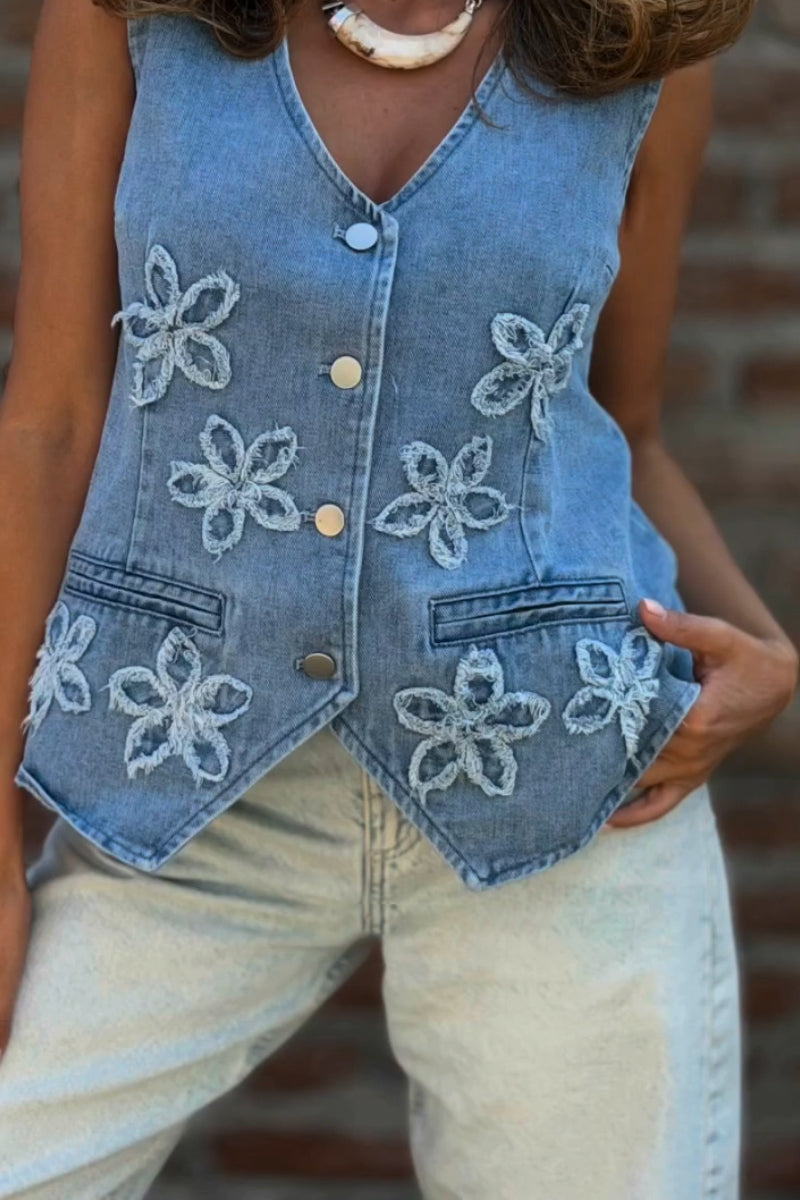 Women's V-neck Spliced Flower Pattern Casual Denim Vest