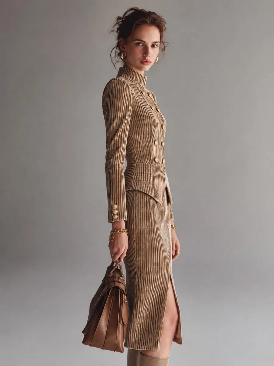Camel Striped Velvet Midi Dress With Stand Collar Double-Breasted
