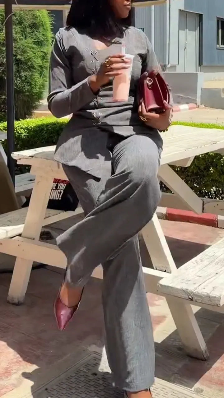 Women V-neck Cross Tie Top + Pants Temperament Commuting Suit