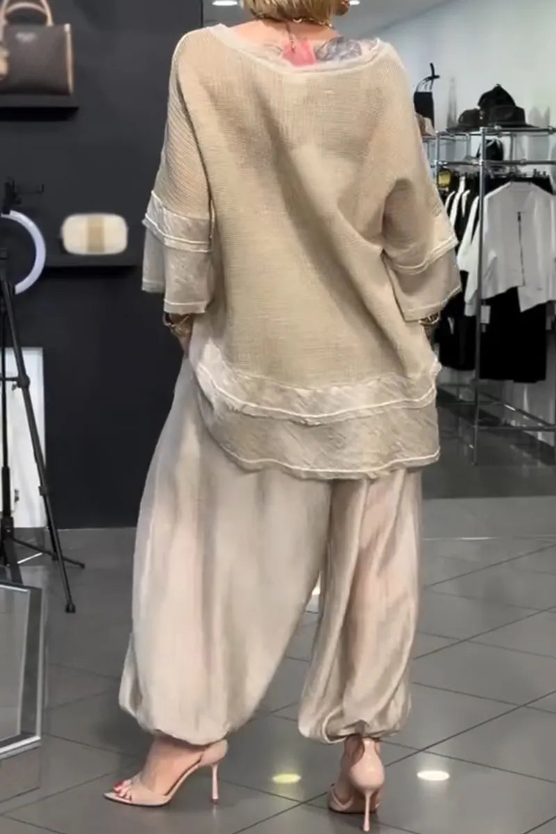 Women Round Neck Patchwork Top+ Lantern Pants Loose Casual Suit