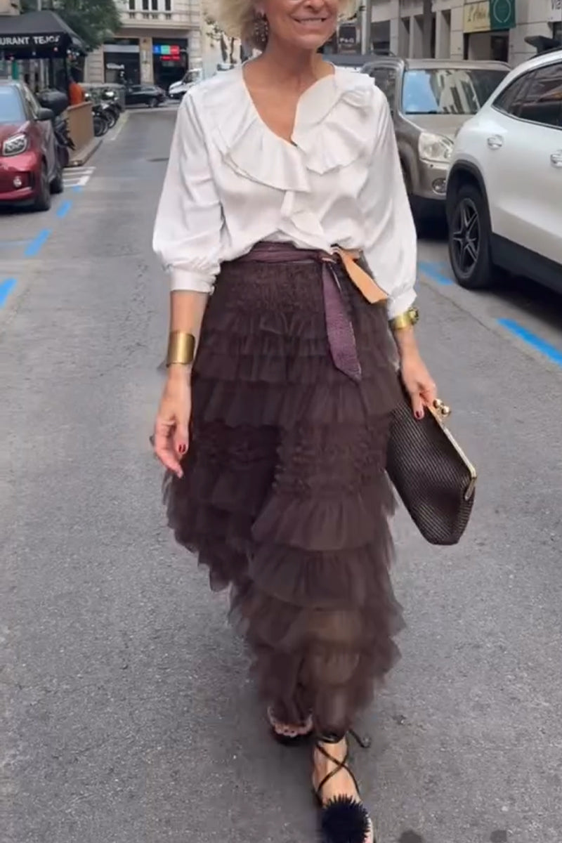 Women's Elegant and Casual Round Neck Spliced Top or Spliced Multi-layer Skirt