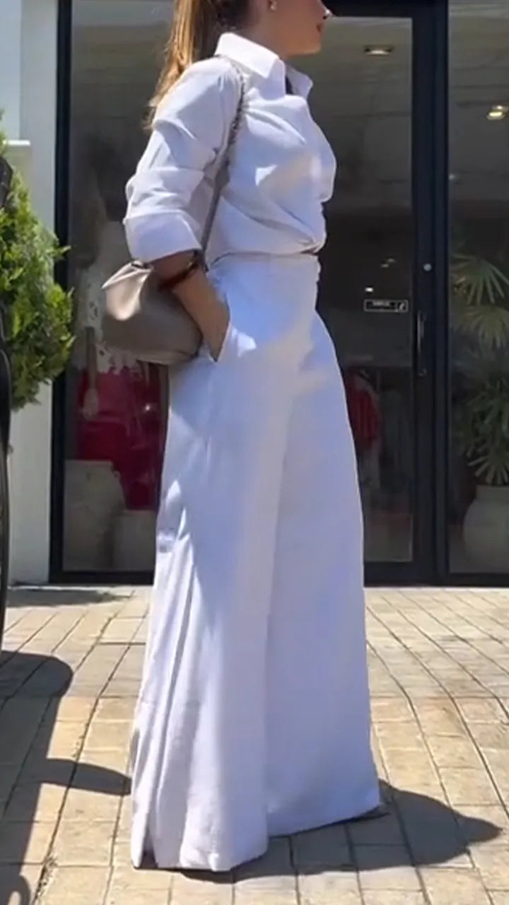 Women Collar Shirt+ Pants Solid Color Temperament Casual Suit