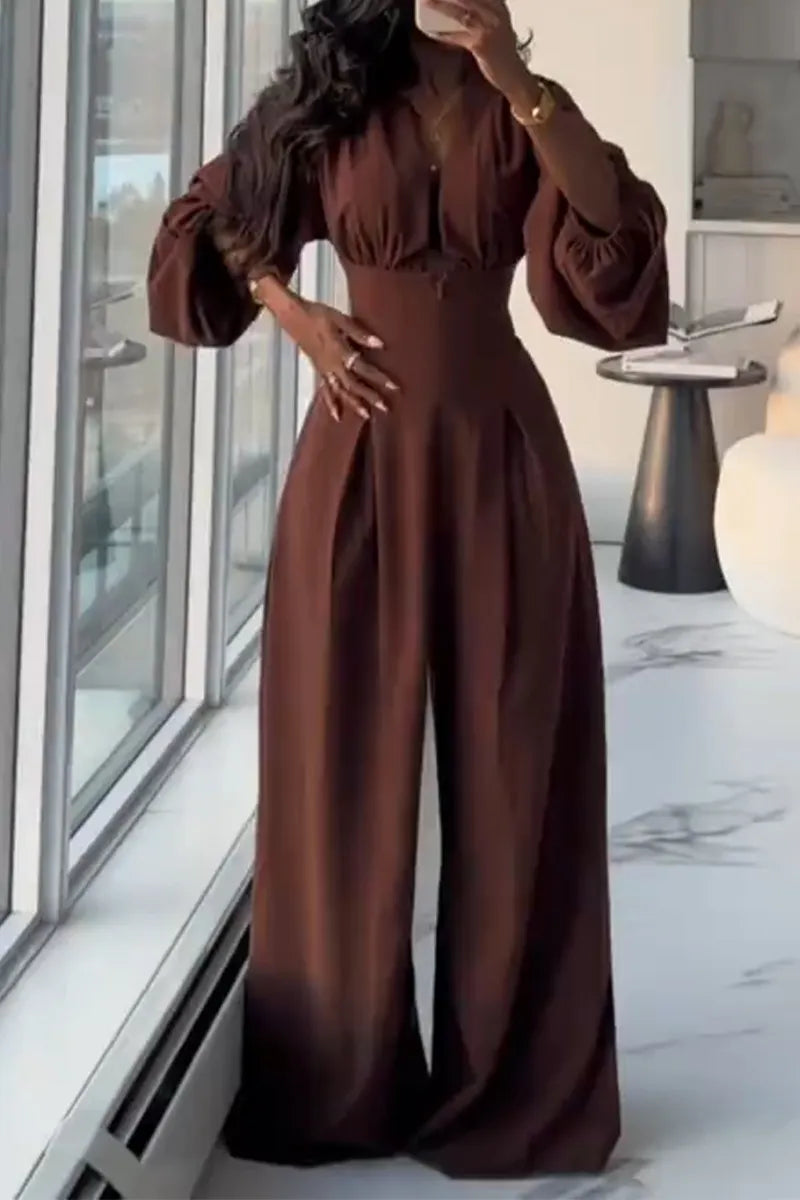 Women Deep V-neck Waist Cinched Solid Color Casual Jumpsuit with Temperament