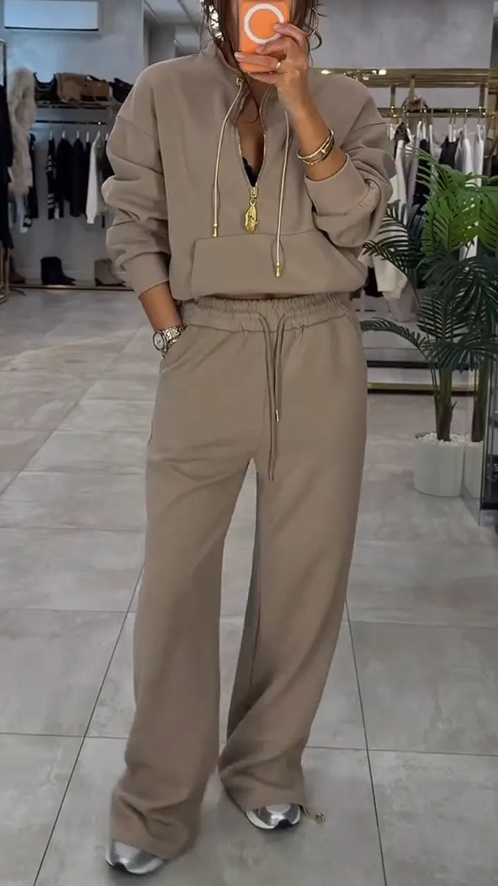 Women Round Neck Half Zipper Top+ Drawstring Pants Casual Set