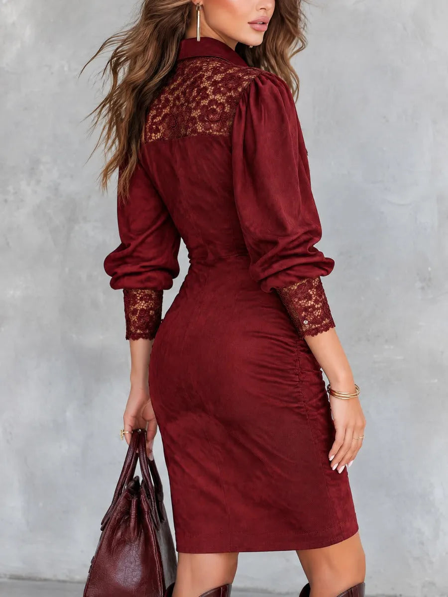 Faux Suede Lace Yoke Puff Sleeves Red Mini Dress