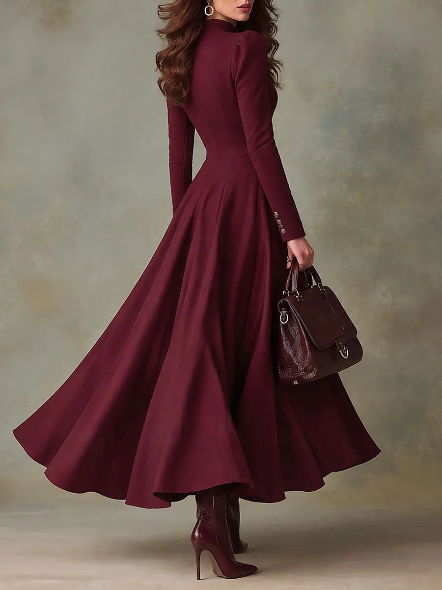Retro Burgundy Stand Collar Puff Sleeve Maxi Dress with Double-Breasted Button
