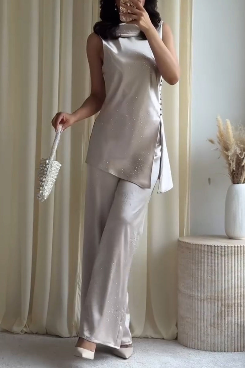 Women's Elegant Satin Rhinestone Vest Pants Set