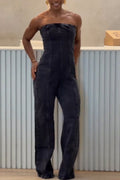 Women Strapless Patchwork Style Casual Denim Jumpsuit