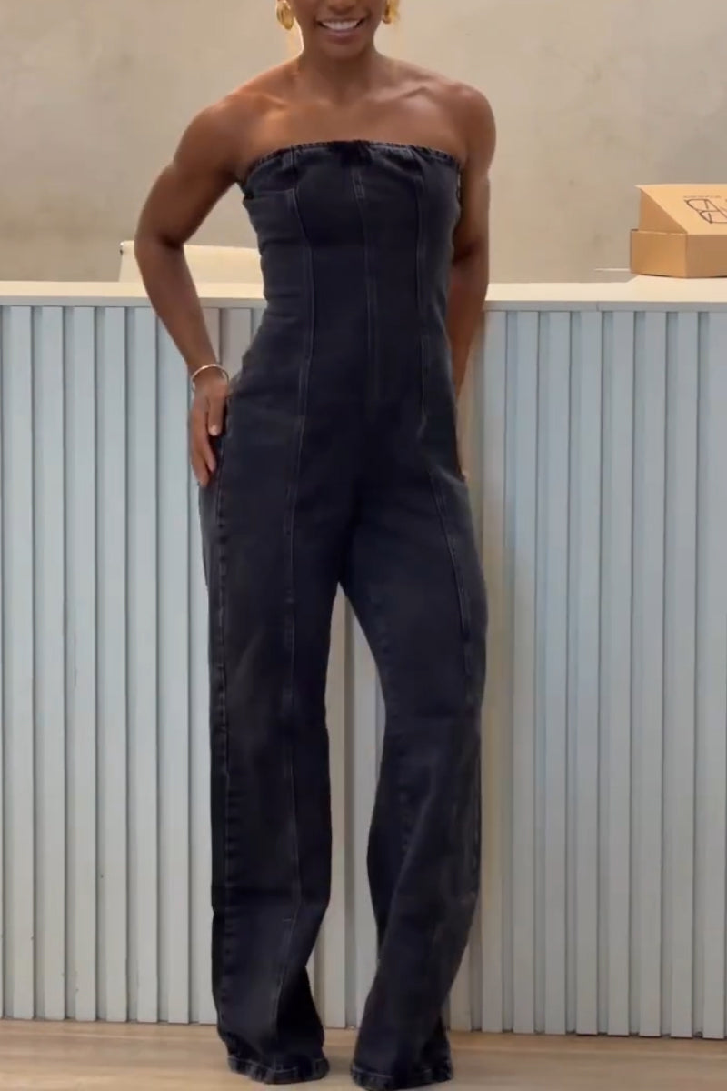 Women Strapless Patchwork Style Casual Denim Jumpsuit