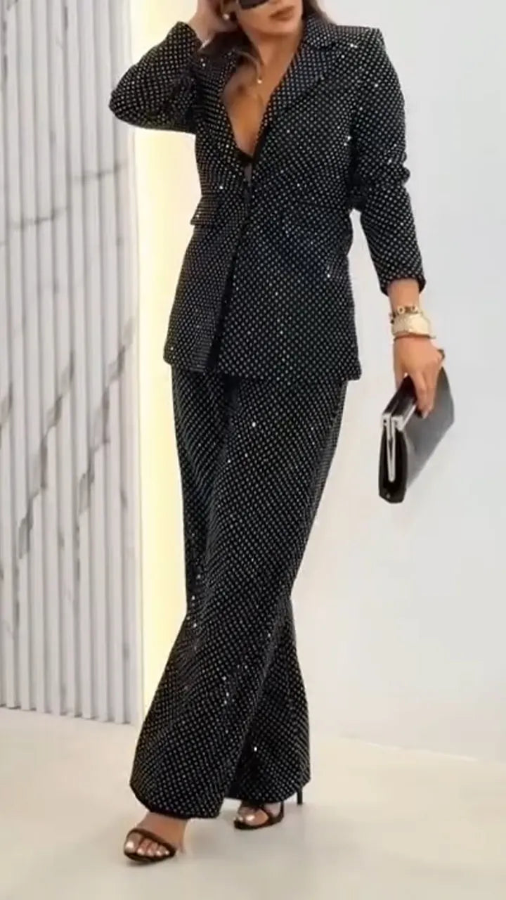 Women Laple Collar Hot Diamond Sparkling Temperament Commuter Set