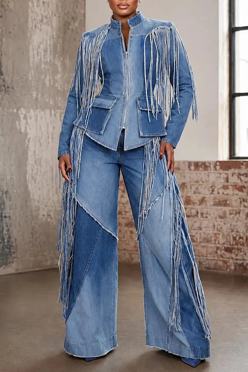 Women's Round Neck Washed Water Spliced Tassel Denim Jacket or Wide Leg Jeans