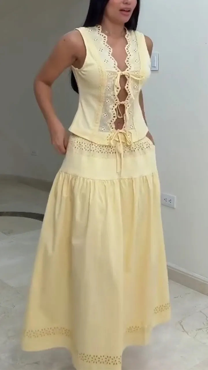 Women V-neck Lace-up Top + Skirt Elegant Casual Set