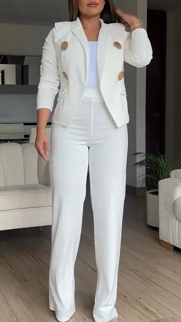 Women Collar Metal Buckle Decorative Top+ Pants Commuting Temperament Set