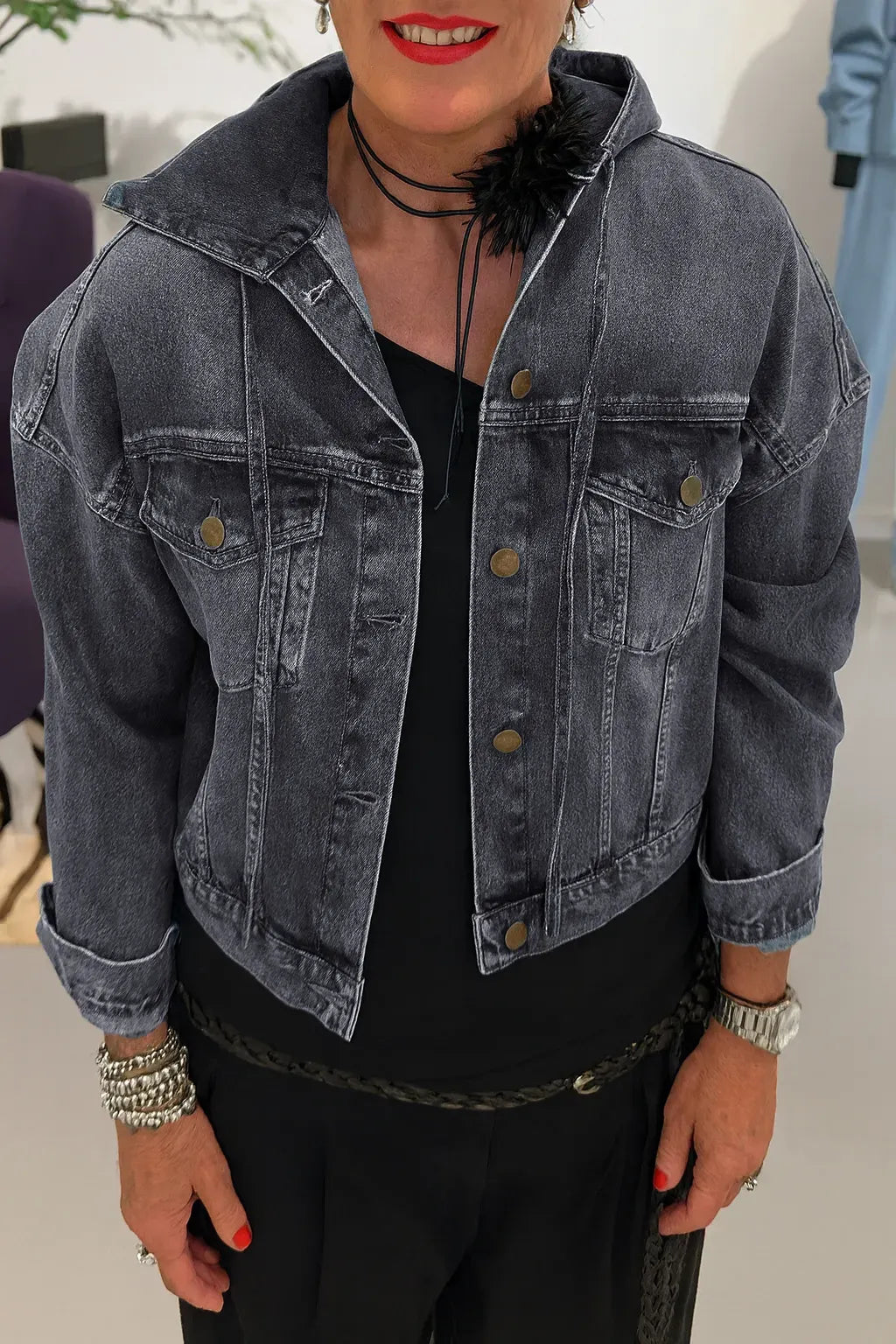 Women Round Neck Hooded Denim Splicing Casual Jacket
