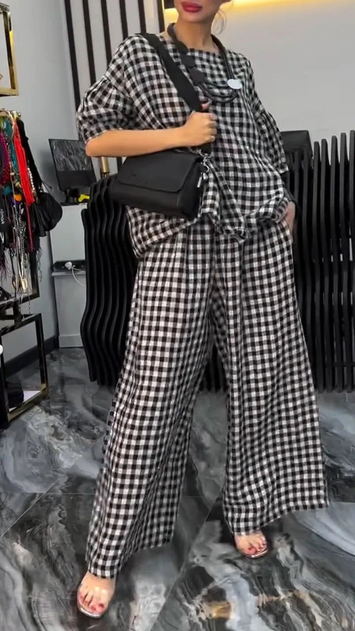 Ladies' Round Neck Plaid Casual Loose Suit