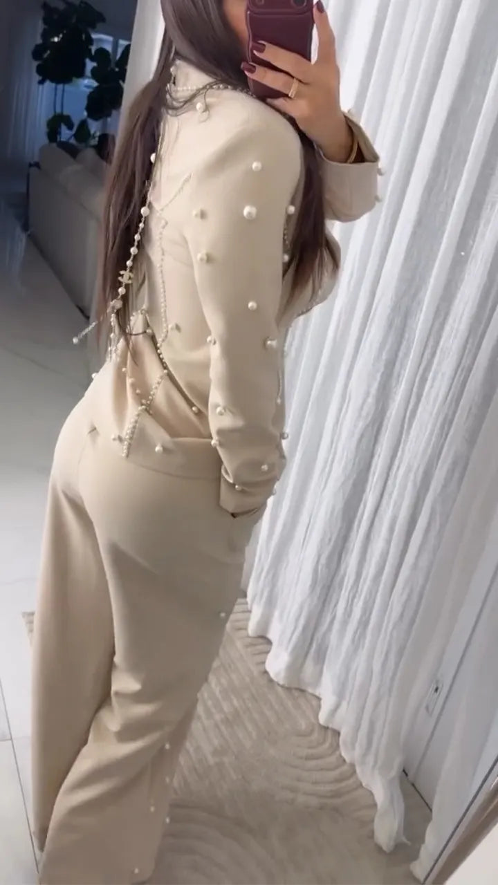 Women Laple Collar Nail Bead Decorative Jacket+ Pants Temperament Commuting Set
