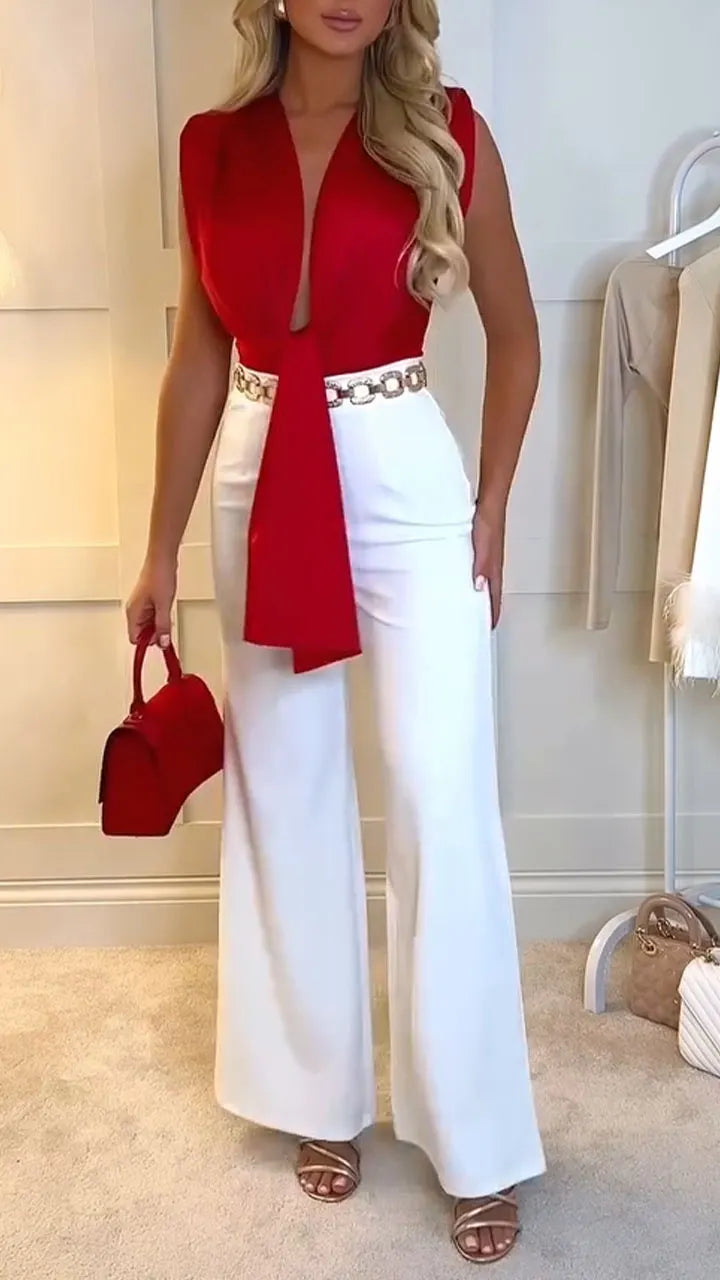 Women Deep V-neck Jumpsuit+ Pants Temperament Casual Suit