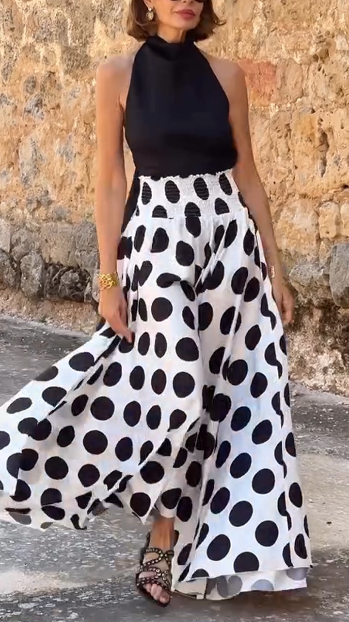 Ladies Round Neck Top+polka Dot Skirt Elegant Casual Set