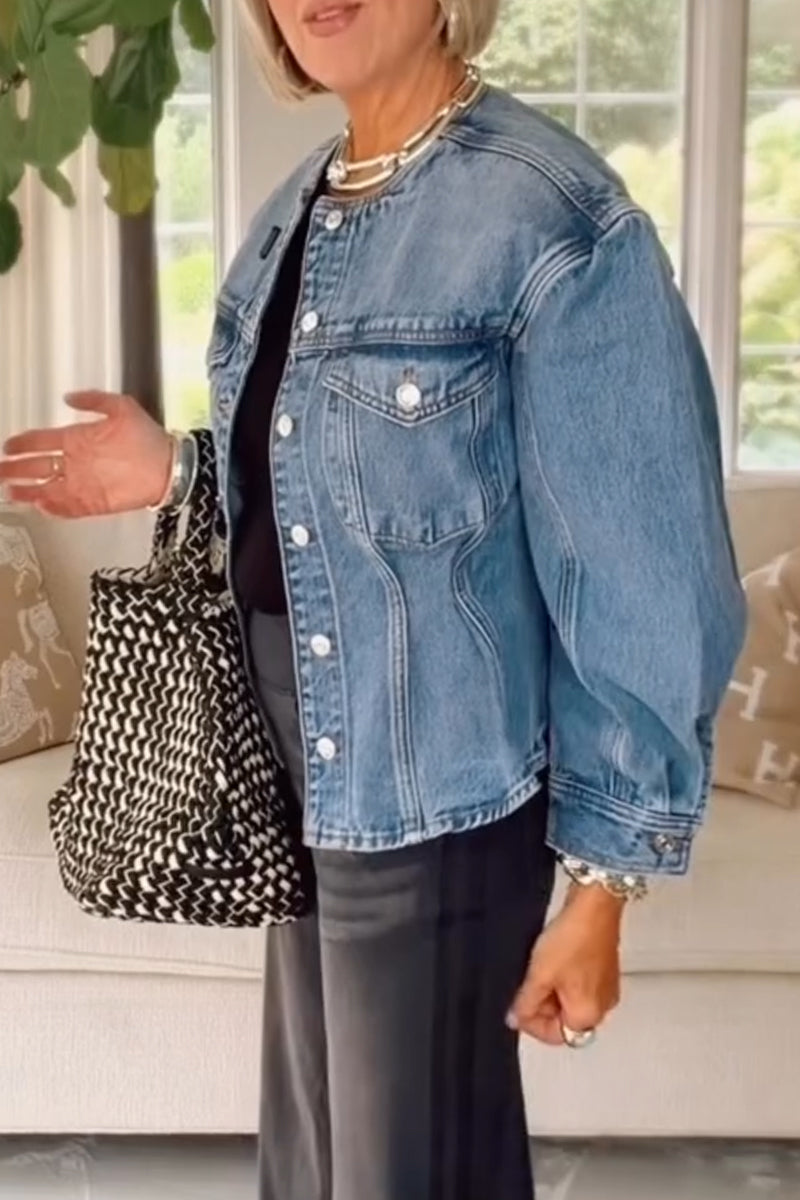 Women's Round Neck Spliced Casual Denim Jacket