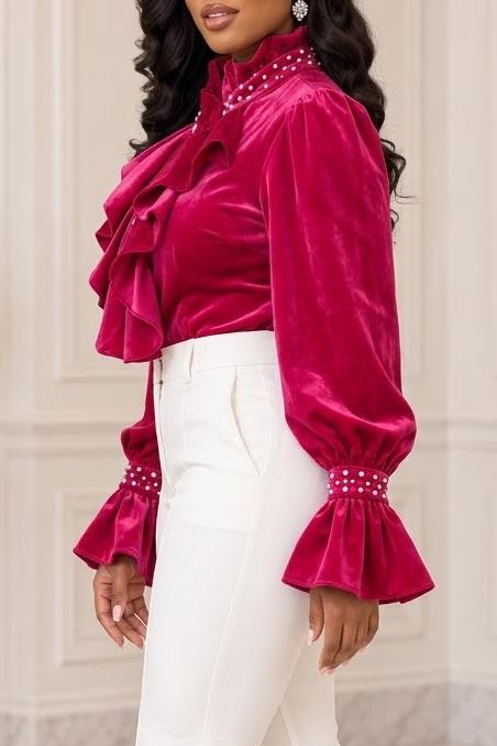 Women's Victorian Ruffle Velvet Blouse Long Bell Sleeve Button Down Shirt Mock Neck Pearl Cuff Party Evening Cocktail Tops