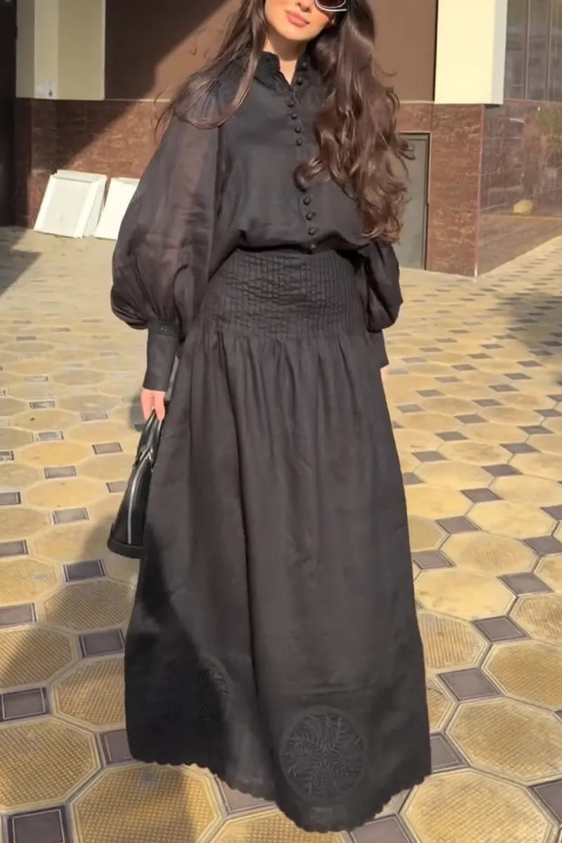 Women Round Neck Breasted Top+ Half Skirt Elegant Temperament Set
