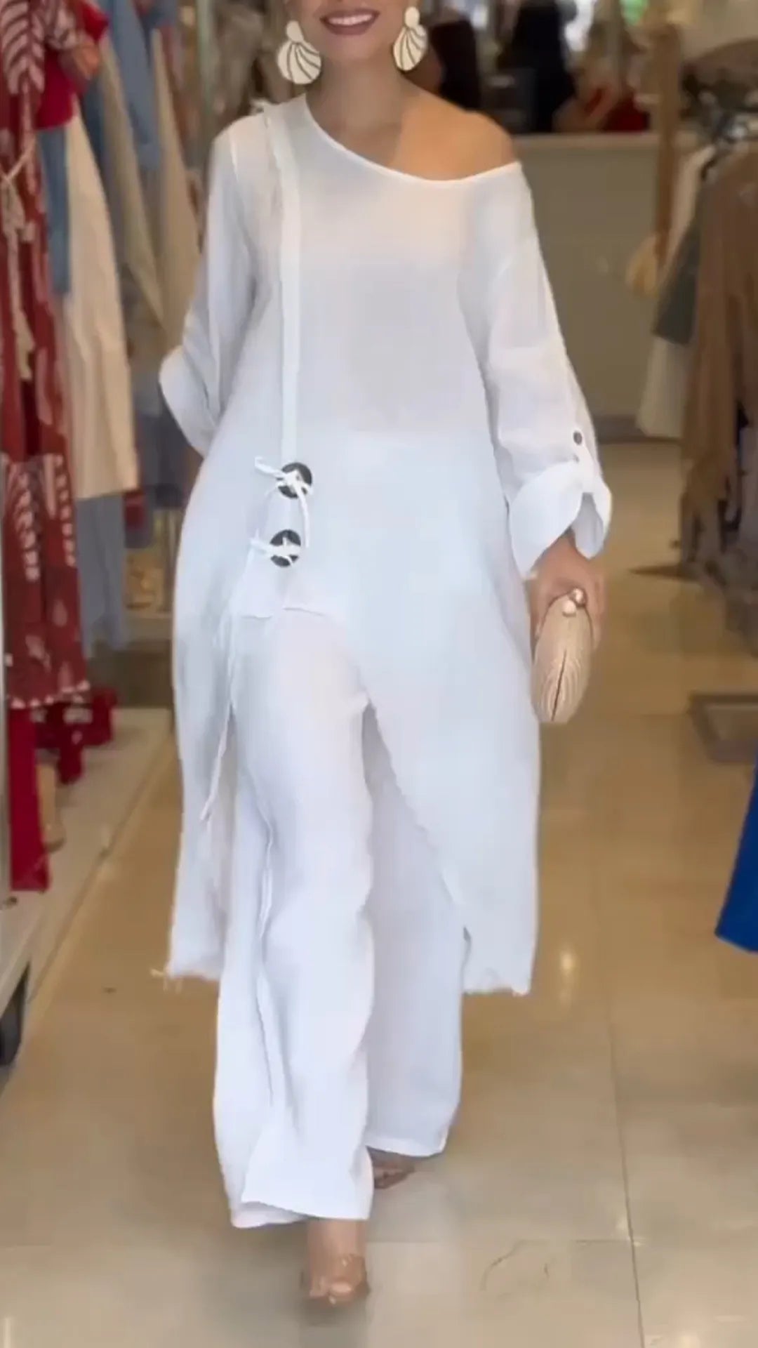 Ladies' Slanted Collar Irregular Long Top+pants Casual Loose Suit