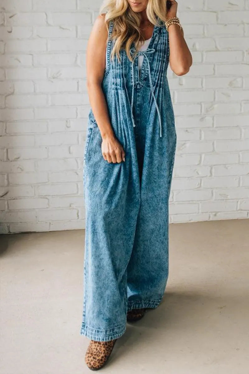 Ladies' Shoulder Strap Hollow Splicing Pleated Casual Jumpsuit