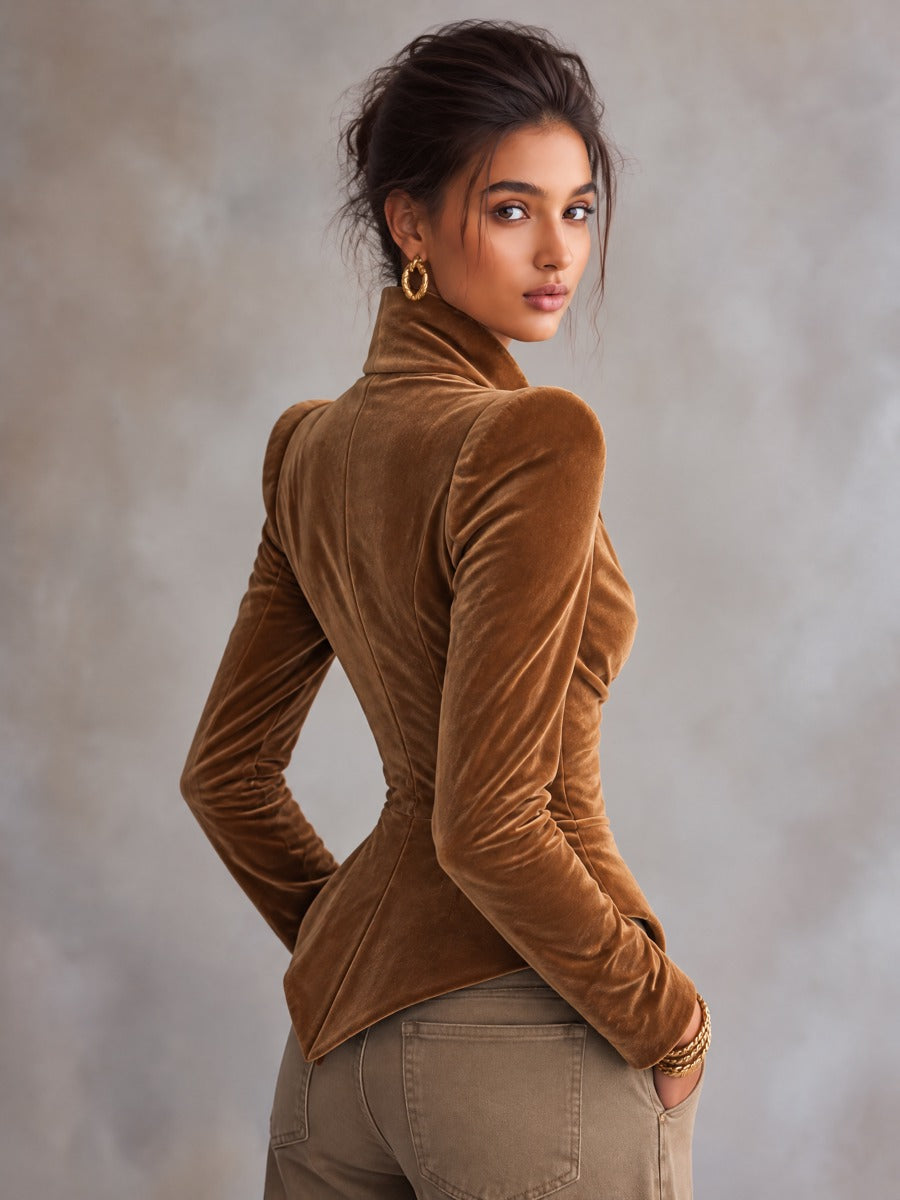 Caramel Brown Velvet Structured-Shoulder Jacket with Asymmetrical Button Front