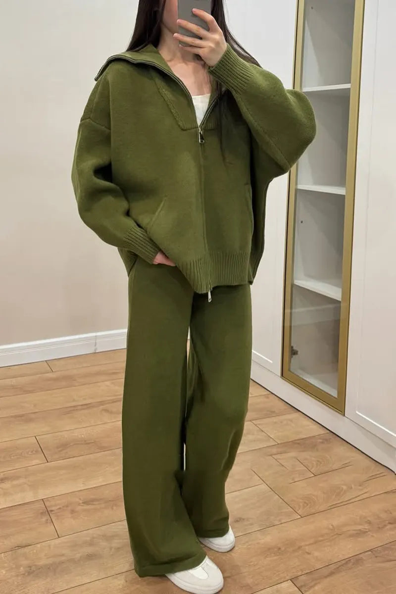 Women Collared Zipper Jacket + Pants Casual Set