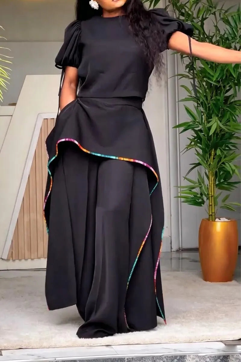 Women Round Neck Top + Patchwork Pants Casual Set with Temperament