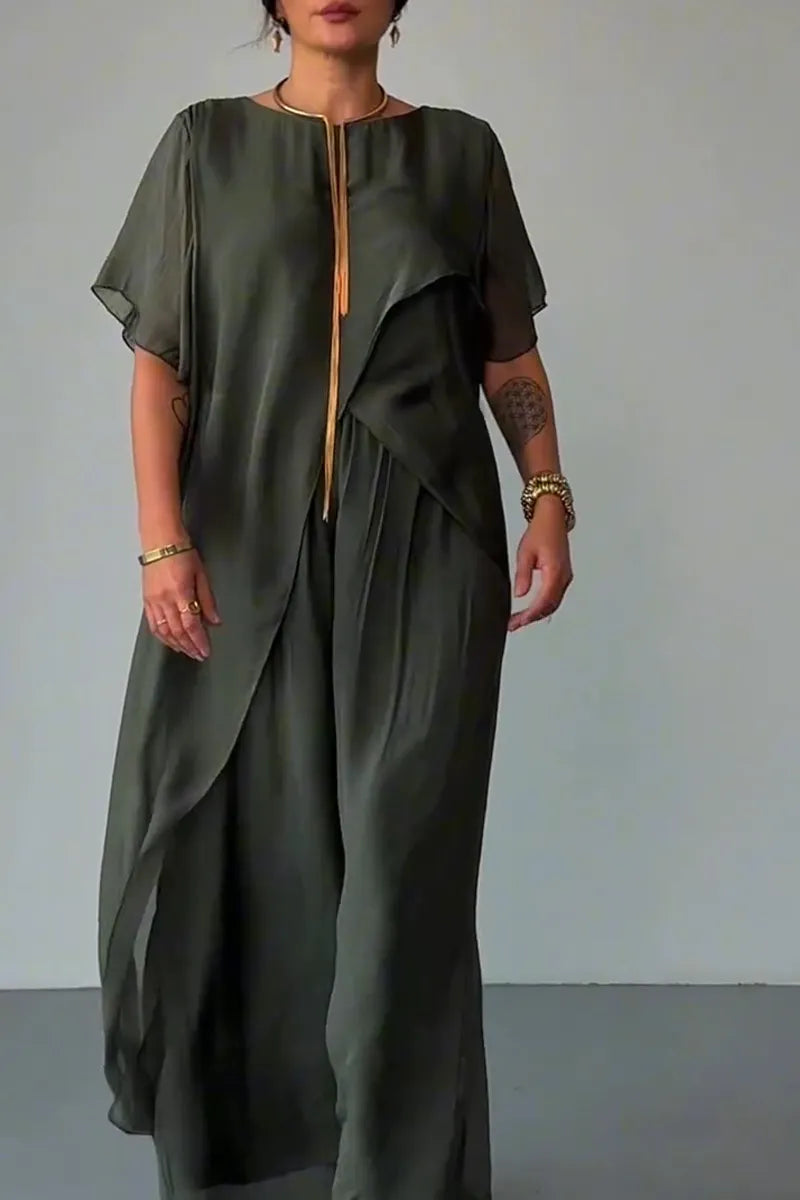 Women Round Neck Irregular Long Chiffon Top+ Wide Leg Pants Casual Suit