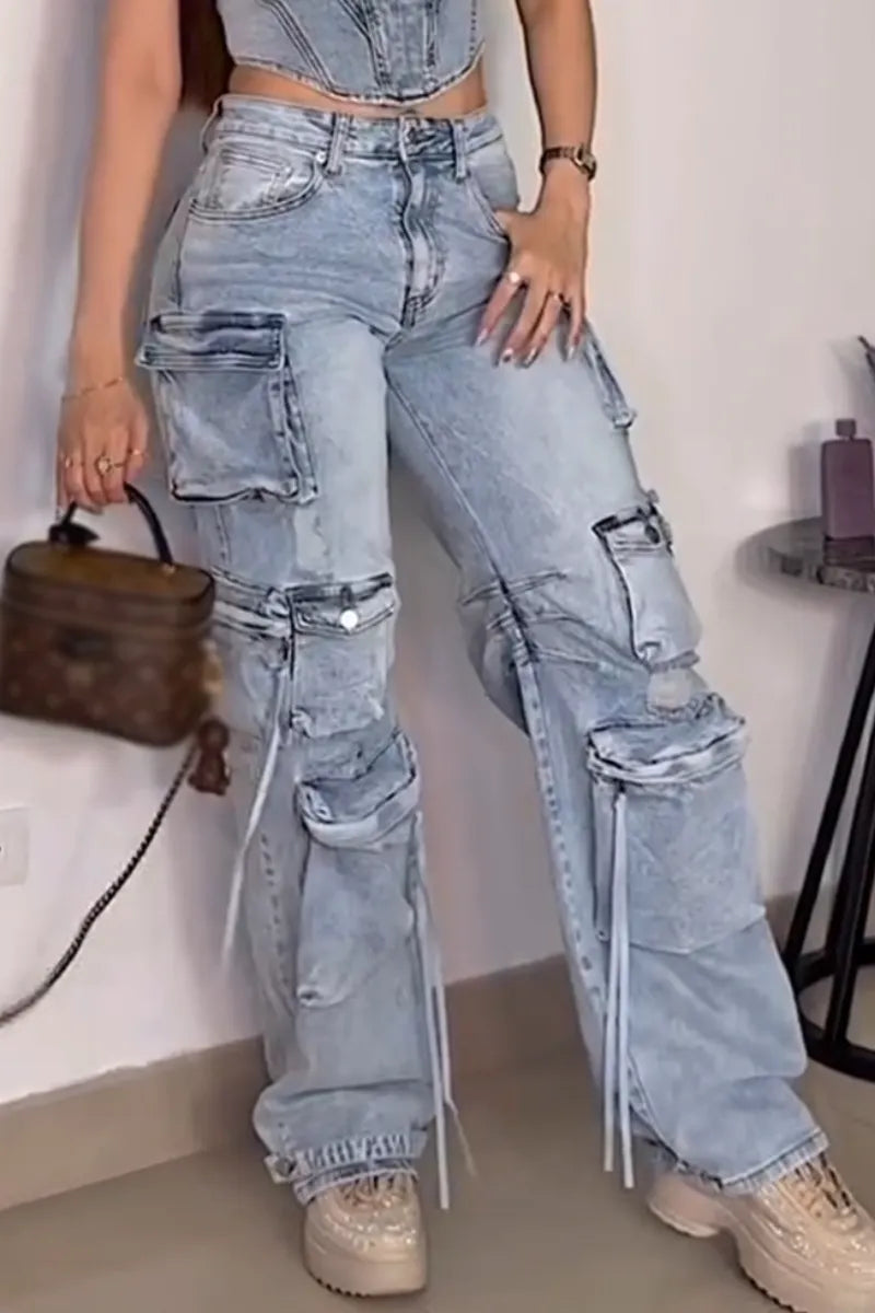 Women Spaghetti Strap Patchwork Top + Pants Casual Denim Suit