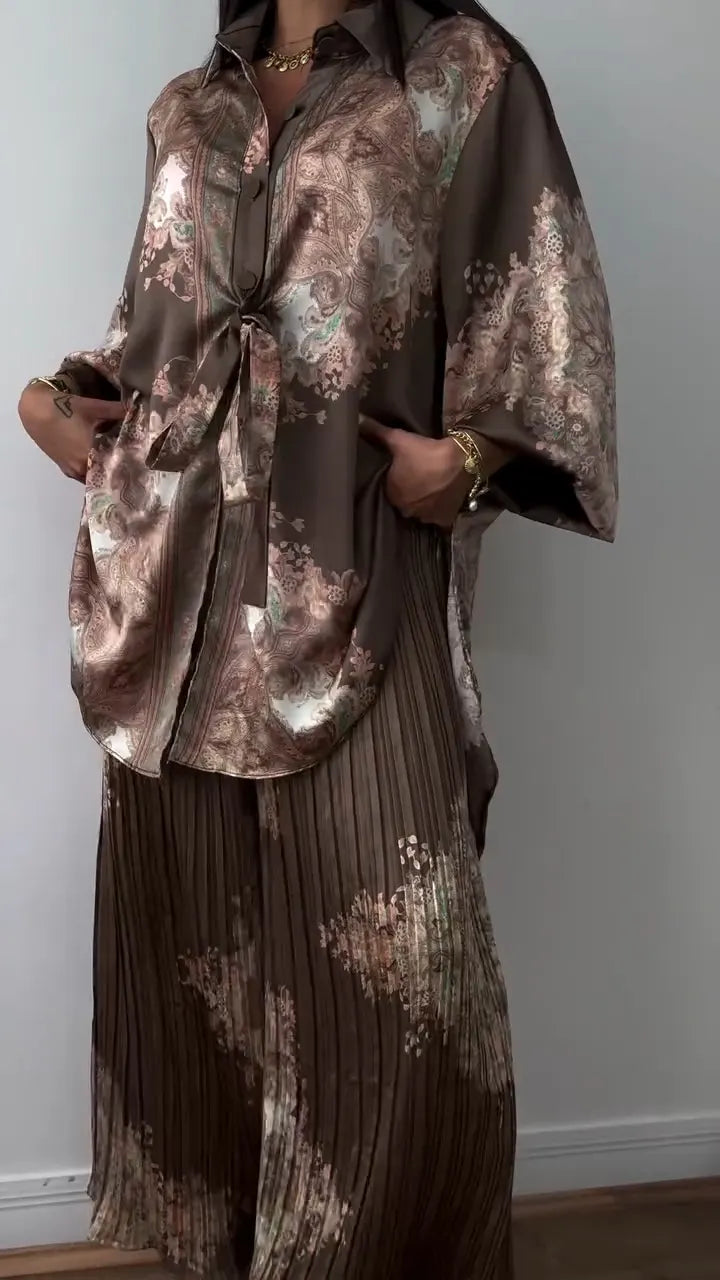 Ladies' Collar Printed Top+ Pleated Pants Casual Set