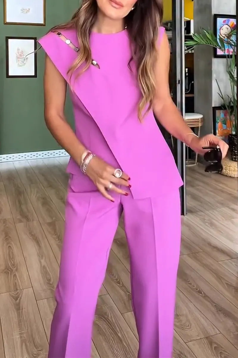 Women Round Neck Patchwork Top + Pants Temperament Commuting Formal Suit