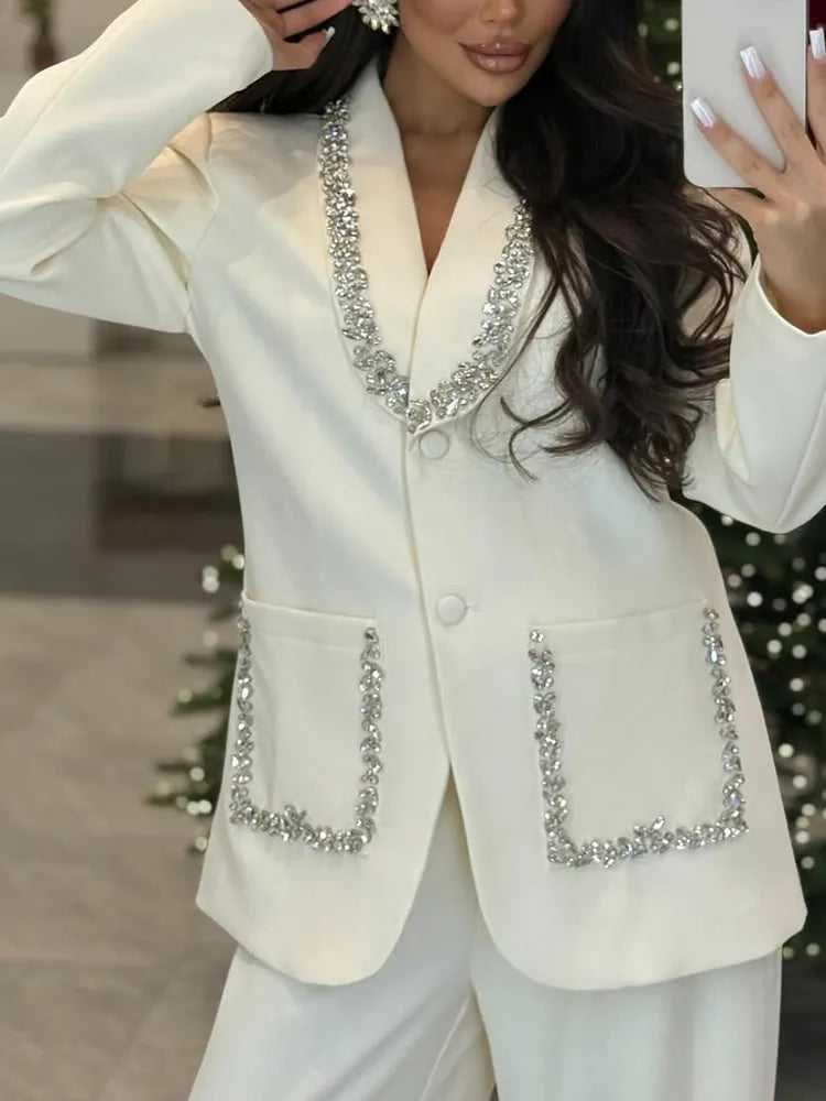 Women V-neck Rhinestone Jacket +pants Temperament Commuting Suit