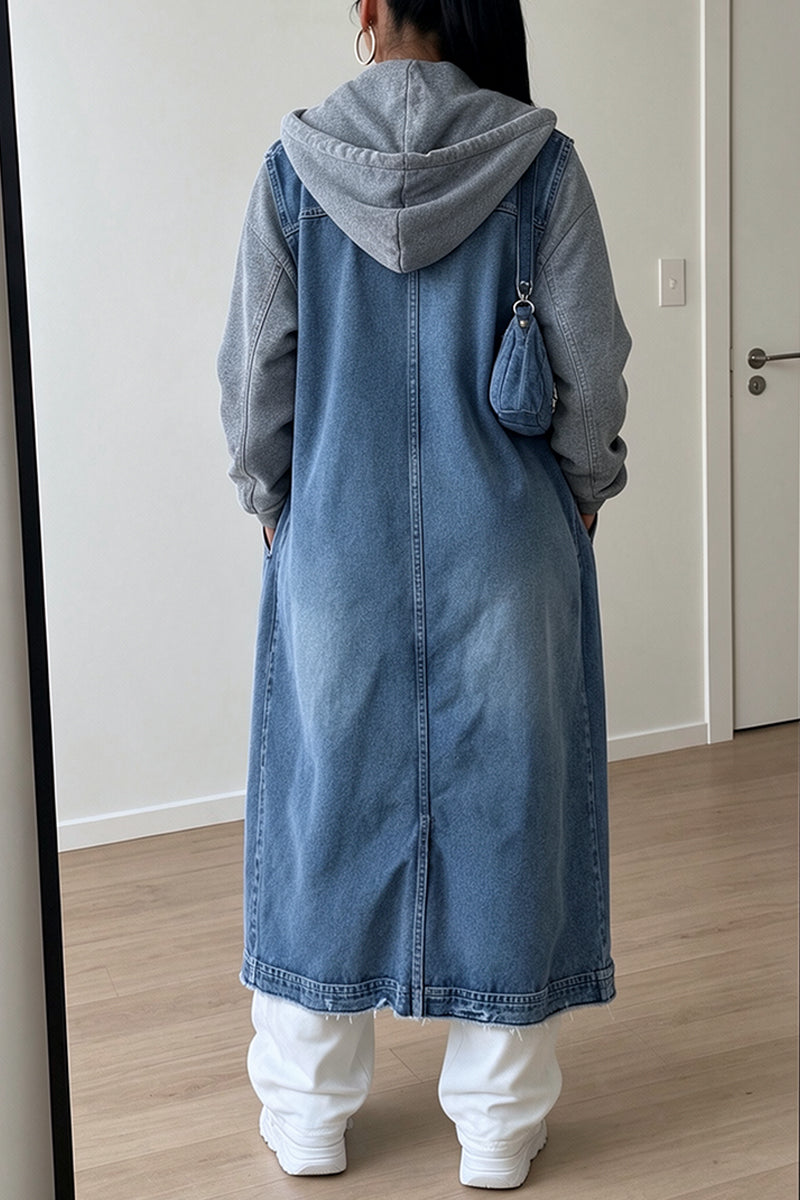 Women's Chic Hooded Spliced Frayed Trim Long Blue Denim Coat